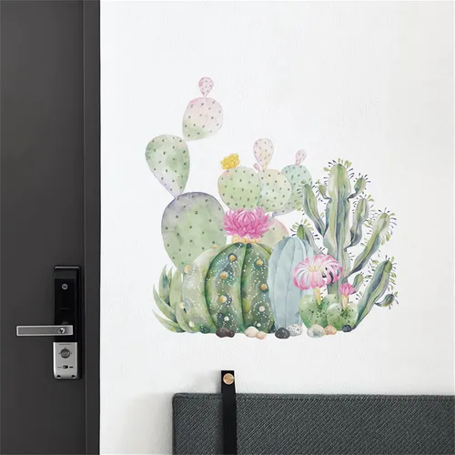 Vista 2 de Calcomanías de pared simples de cactus suculentas, calcomanías de pared de plantas verdes tropicales, calcomanías de pared extraíbles de vinilo