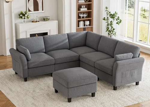 Vista 19 de Legend Vansen Sofá modular seccional, cómodo sofá modular en forma de U de 6 asientos con espacio de almacenamiento y diván, sofás seccionales Crema