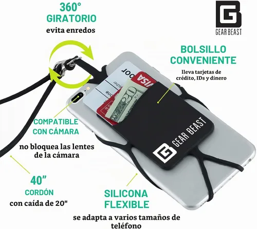 Vista 3 de Gear Beast - Correa universal para teléfono celular compatible con iPhone, Galaxy y la mayoría de teléfonos inteligentes, incluye soporte para Negro