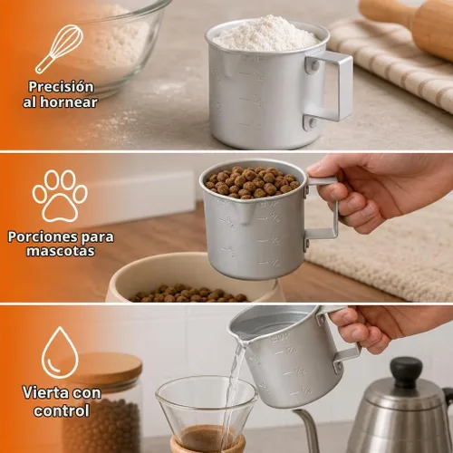 Vista 8 de Better Houseware Taza medidora, taza medidora de metal de 8 onzas con mango y labio de vertido para líquido con marcas de fácil lectura para cocinar