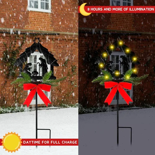 Vista 2 de Baquler 2 luces solares iluminadas de Navidad con estaca de belén, estaca de metal, impermeable, luz sagrada, decoración al aire libre con flor