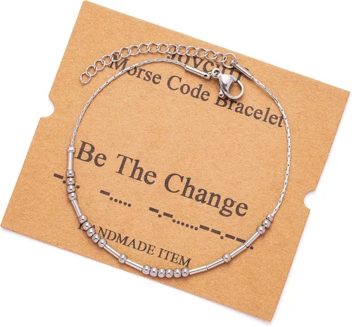 Vista 100 de JoycuFF Pulseras inspiradoras de código morse para mujeres, cuentas de plata, joyería con mantra de motivación, regalos para ella