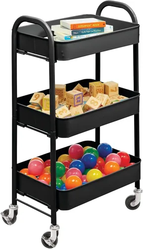 Vista 5 de mDesign Carritos de almacenamiento de metal con ruedas de 3 niveles, carrito organizador para baño, cocina, lavandería, oficina y habitaciones