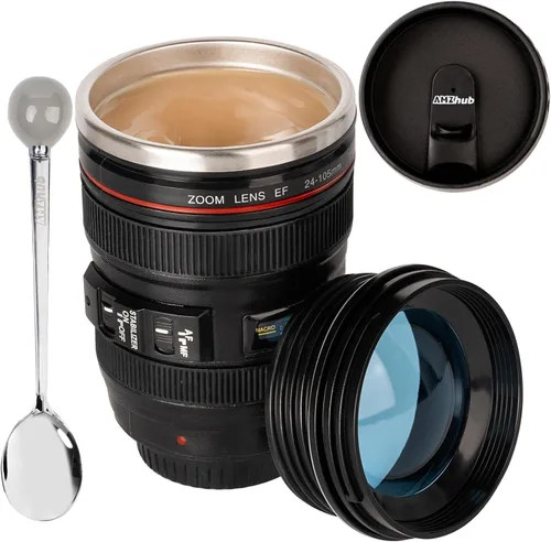 Vista 7 de Taza de café con lente de cámara, taza de café de viaje, taza de lente de acero inoxidable, termo con tapa y cuchara, regalos geniales