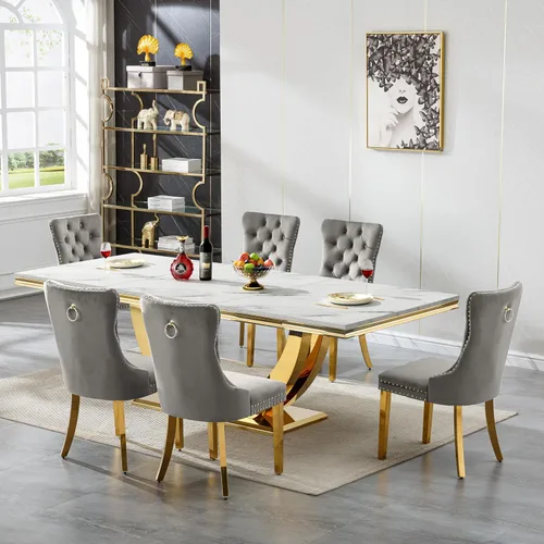 Vista 33 de Mesa de comedor blanca de 68 pulgadas para 4-6, mesa de cocina rectangular moderna con mesa de mármol sintético y base de acero inoxidable plateado