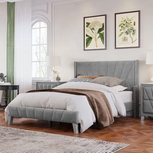 Vista 8 de Marco de cama tapizado de terciopelo contemporáneo con acolchado de canal y ribete de cabeza de clavos, no necesita somier (negro, matrimonial)