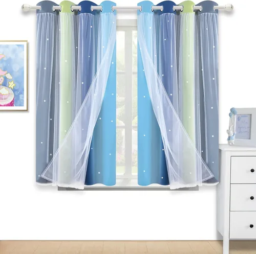 Vista 24 de Cortinas opacas con recorte de estrellas y arcoíris para guardería/habitación de niños/niñas, con superposición de tul, 2 paneles, cada una de 52