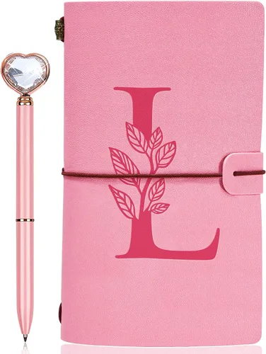 Vista 13 de Diario personalizado para regalo, diario de cuero con inicial rosa + juego de bolígrafo de corazón de diamante, cuaderno de viaje, bloc de notas