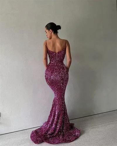 Vista 4 de Vestidos de fiesta de sirena para mujer, vestido de baile con lentejuelas brillantes, tirantes delgados, cuello en V, vestido largo formal de noche