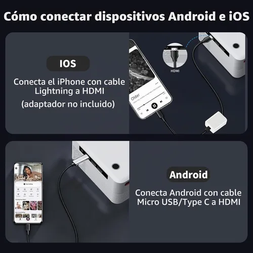 Vista 3 de Mini proyector para iPhone, proyector portátil 1080P soporte y altavoz
