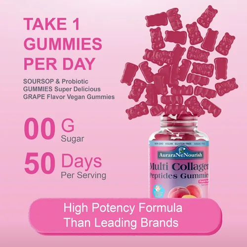 Vista 5 de Gomitas de péptidos de colágeno múltiple, sin azúcar, hidrolizadas, 5000 mg de proteína, tipo I, II, III, V, X, con biotina, ácido hialurónico