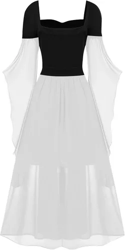 Vista 3 de Disfraz renacentista para mujer, con mangas de trompeta, estilo bohemio, vestido de Halloween, hombros descubiertos, vestido de manga de mariposa