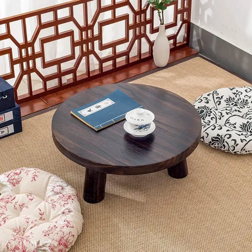 Vista 6 de Mesa de Centro Mesa de centro de estilo japonés Pequeña Mesa de centro simple Ventanas de bahía Mesa baja Mesa de té redonda de madera Mesa de té