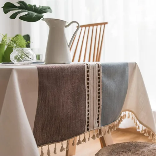 Vista 6 de Mantel rústico bordado con borla, lino de algodón sin arrugas, antidecoloración, lavable, a prueba de polvo, para comedor, cocina, fiesta, Azul