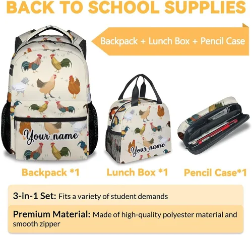 Vista 3 de Mochila de pollo personalizada con lonchera y estuche para lápices, bolsa de libros con temática de pollo de 16 pulgadas con correas ajustables