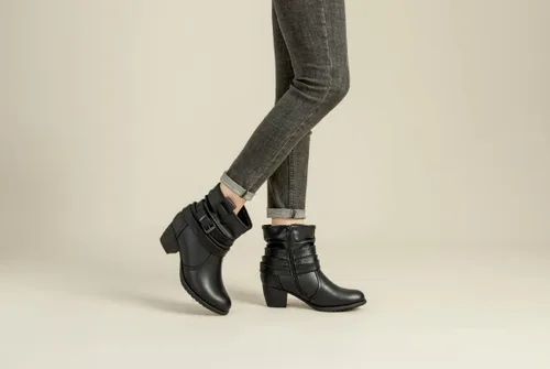 Vista 6 de VJH confort Botas de media pantorrilla para mujer, punta redonda, cómodas, de tacón bajo, con hebilla y cremallera lateral
