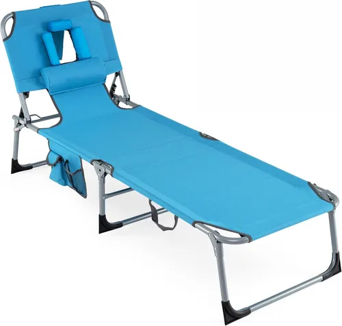 Vista 9 de COSTWAY Silla de salón plegable de playa, silla de bronceado con agujero para la cara, respaldo ajustable de 5 posiciones, almohada y bolsillo