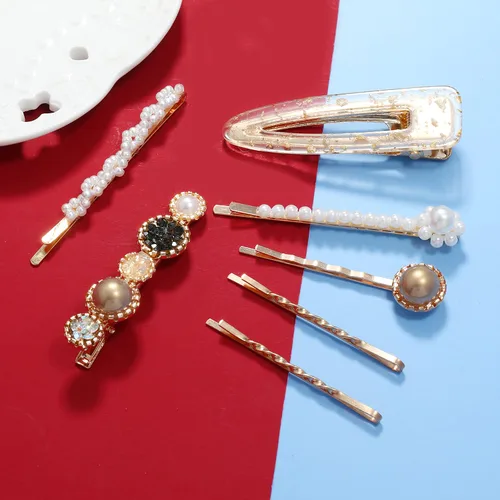 Vista 5 de Accesorios para el cabello para mujer, 18 piezas hechas a mano con pasadores de perlas de simulación, juego de clip geométrico de flores