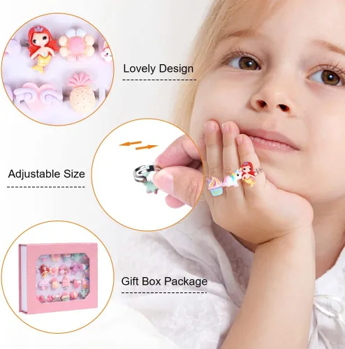 Vista 3 de OSDUE Anillos ajustables para niña, 24 anillos de juego en caja sin duplicados para niños, anillos de simulación y disfraces para niñas de 3 a 12