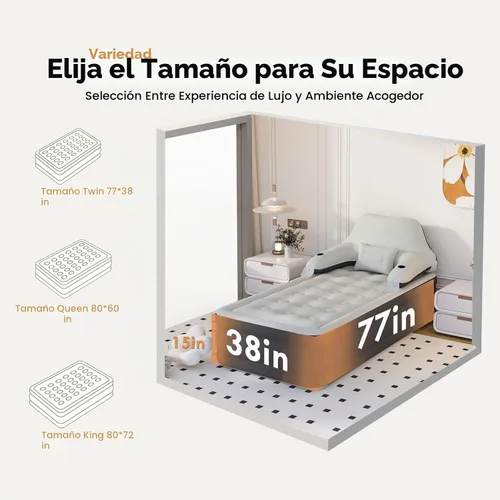 Vista 6 de Colchón de aire tamaño individual con cabecera ajustable y bomba, colchón inflable de la cama inflable