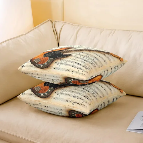 Vista 3 de Guitar Print Double Sides Print Pillow Covers 16"x16",Music Themed Bass Instruments Pillowcase Soft Square Cushion Cases,Rustic Music Score Note