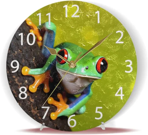 Vista 6 de Reloj de pared redondo con diseño de rana de árbol de ojos rojos, pintura al óleo silenciosa sin tictac, decorativo para el hogar, oficina, escuela