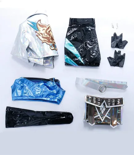 Vista 8 de miccostumes Juego completo de disfraz de cosplay de cuero para mujer con aretes y estampado bordado