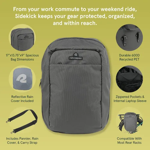 Vista 2 de Retrospec Sidekick Pannier Bike Bag - Waterproof Commuter Pannier with Laptop Sleeve, Reflective Rain Cover & Carry Strap - Eco-Friendly 600D rPET
