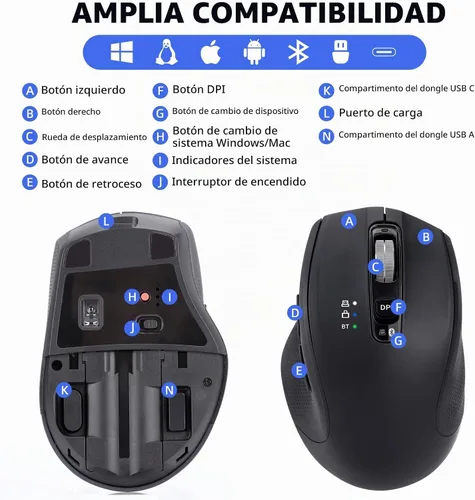 Vista 7 de Mouse inalámbrico Bluetooth con USB-A, receptor USB-C, recargable, 3 dispositivos, tamaño completo, clic silencioso, mouse ergonómico para Negro