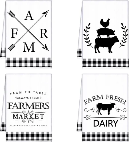 Vista 14 de Geyoga 4 toallas de cocina de pollo, gallo, toallas de mano con animales de granja, vaca, vintage, rústico, paño de té para primavera, Pascua, baño