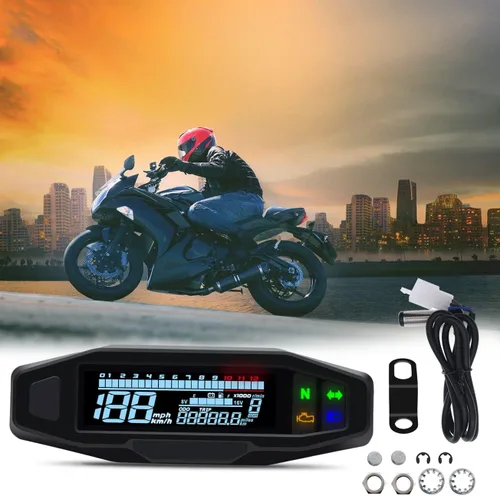 Vista 9 de KAOLALI Medidor de velocímetro digital para motocicleta RPM LCD tacómetro digital carburador medidor de odómetro (con sensor)