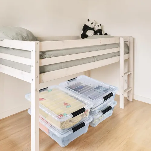 Vista 6 de Juego de 4 contenedores apilables de plástico transparente para debajo de la cama con tapa, 20 cuartos de galón Latch storage container, slim 5.98