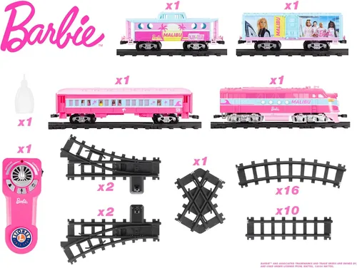 Vista 5 de Lionel Mattel Barbie - Juego de tren de juguete con control remoto, locomotora, vagones de tren y pista con sonidos auténticos de tren, luces
