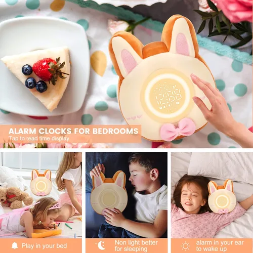 Vista 4 de QANYI Luz nocturna de conejo para niños, juguete de felpa suave con reloj despertador de conejo, luz de sueño para dormitorio, regalo, Navidad, Año