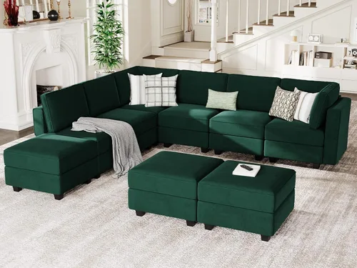 Vista 16 de Belffin Sofá modular modular con asiento de almacenamiento, sofá en forma de U de gran tamaño, sofá modular de terciopelo con terciopelo otomano