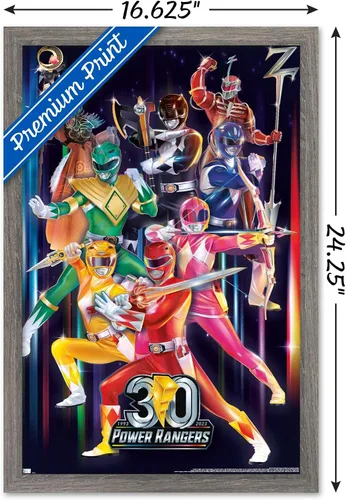 Vista 3 de Power Rangers - Póster de pared del grupo 30, 22.4 pulgadas de largo x 14.7 pulgadas de ancho, versión enmarcada de madera de granero