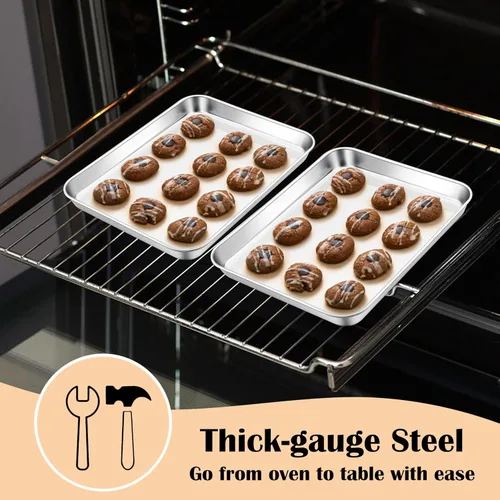 Vista 6 de E-far Mini bandeja para horno tostador, bandeja para hornear galletas de acero inoxidable de 9.4 x 7.3 pulgadas, bandeja pequeña de metal no tóxico