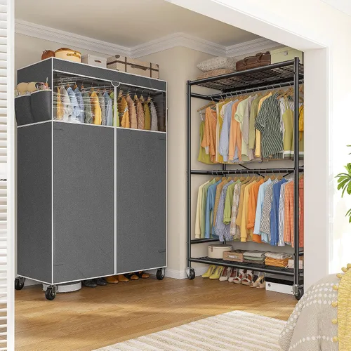 Vista 7 de Raybee Perchero de ropa de 80.32" de altura con cubierta, percheros de ropa rodantes para colgar ropa con ruedas, perchero portátil resistente