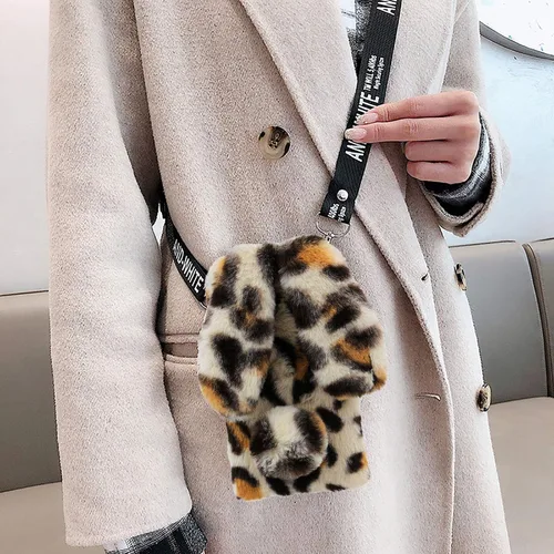 Vista 2 de 3D Bunny Ears Plush Case for iPod Touch 5/6 / 7 with Crossbody Strap, Winter Warm Handmade Bling Diamond Soft Rabbit Fluffy Furry Fur Shockproof