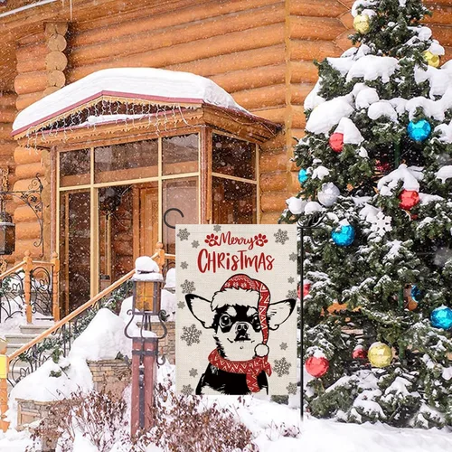 Vista 4 de Sombrero de bandera de jardín de Navidad, perro chihuahua con bufanda, decoración navideña de invierno, vacaciones, arpillera, vertical, doble cara