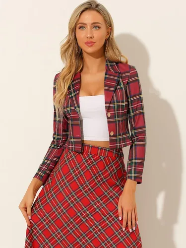 Vista 2 de Allegra K Blazer corto de tartán de tartán elástico con solapa con muescas para mujer