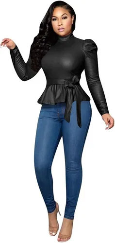 Vista 2 de Blusa de piel sintética de manga larga con cuello alto falso mate para mujer con cinturón