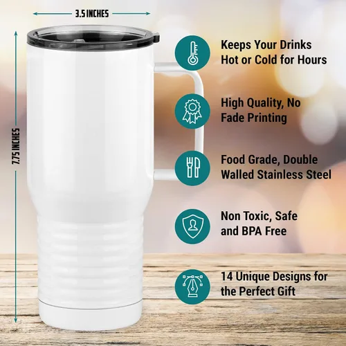 Vista 7 de Regalo personalizado para papá, taza de café de viaje con asa y tapa deslizante, color camello polar blanco de 20 onzas, acero inoxidable, aislado
