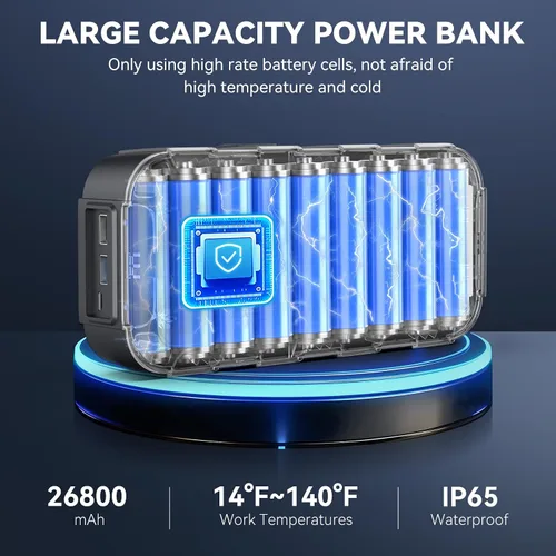 Vista 4 de Arrancador de batería de automóvil de 6000A, cargador rápido de 65W, batería de arranque de 26800mAh (toda gasolina/12L diésel) con reforzador