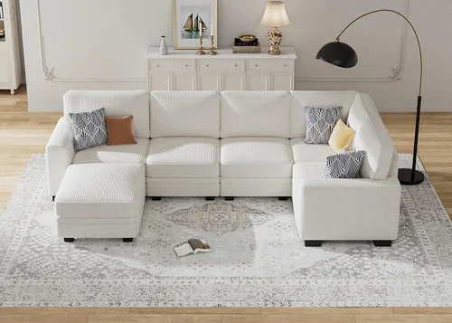 Vista 8 de Legend Vansen Sofá modular de gran tamaño, sofá reversible en forma de U con otomana, sofá de pana de asiento profundo para sala de estar, 6 plazas