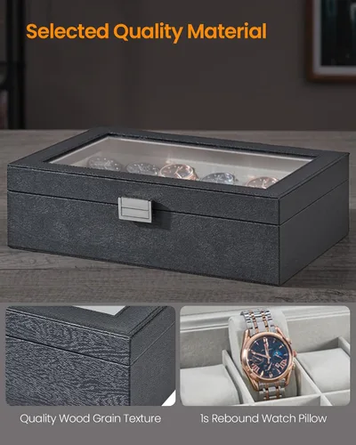 Vista 5 de Hzuaneri Caja de reloj, regalos de Navidad, caja de reloj de 12 ranuras con tapa de vidrio grande, almohadas de reloj extraíbles, organizador