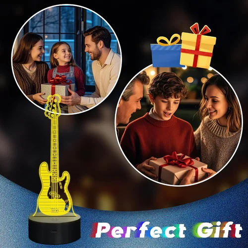 Vista 6 de CoolGift Mart Luz Nocturna de Guitarra Bajo, Lámpara LED 3D de Ilusión Óptica con Control Remoto y Temporizador, Regalos para Jugadores de Guitarra