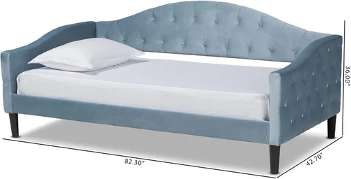 Vista 3 de Baxton Studio Benjamin - Sofá cama de tamaño matrimonial de madera con acabado marrón claro moderno y contemporáneo de terciopelo azul claro