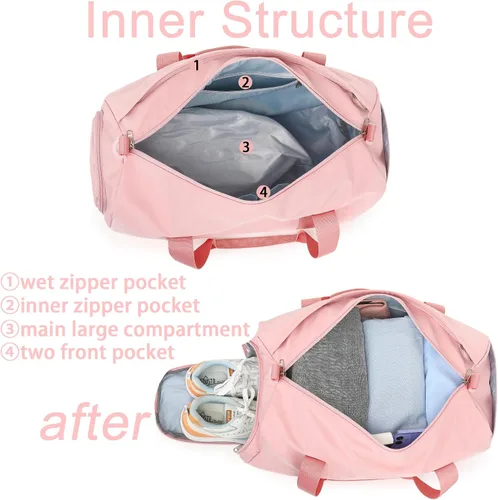 Vista 4 de Bolsa de viaje deportiva para gimnasio para hombres y mujeres con compartimento para zapatos, bolsillo húmedo, Rosa (Pure Pink), Bolsa de gimnasio