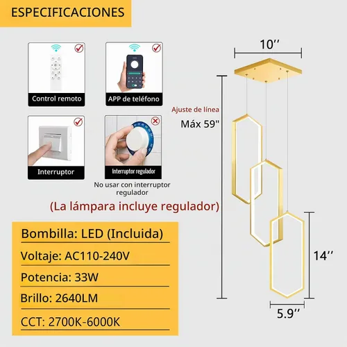 Vista 2 de Lámpara colgante regulable de 3 anillos para ajustar mini lámpara LED de techo para cocina, isla, comedor, sala de estar, dormitorio, dorado